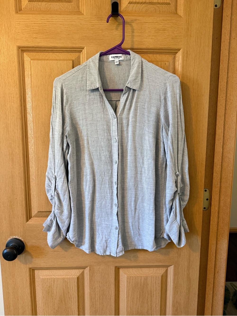 Express Light Gray Button-Down Shirt with Roll-Tab Sleeves